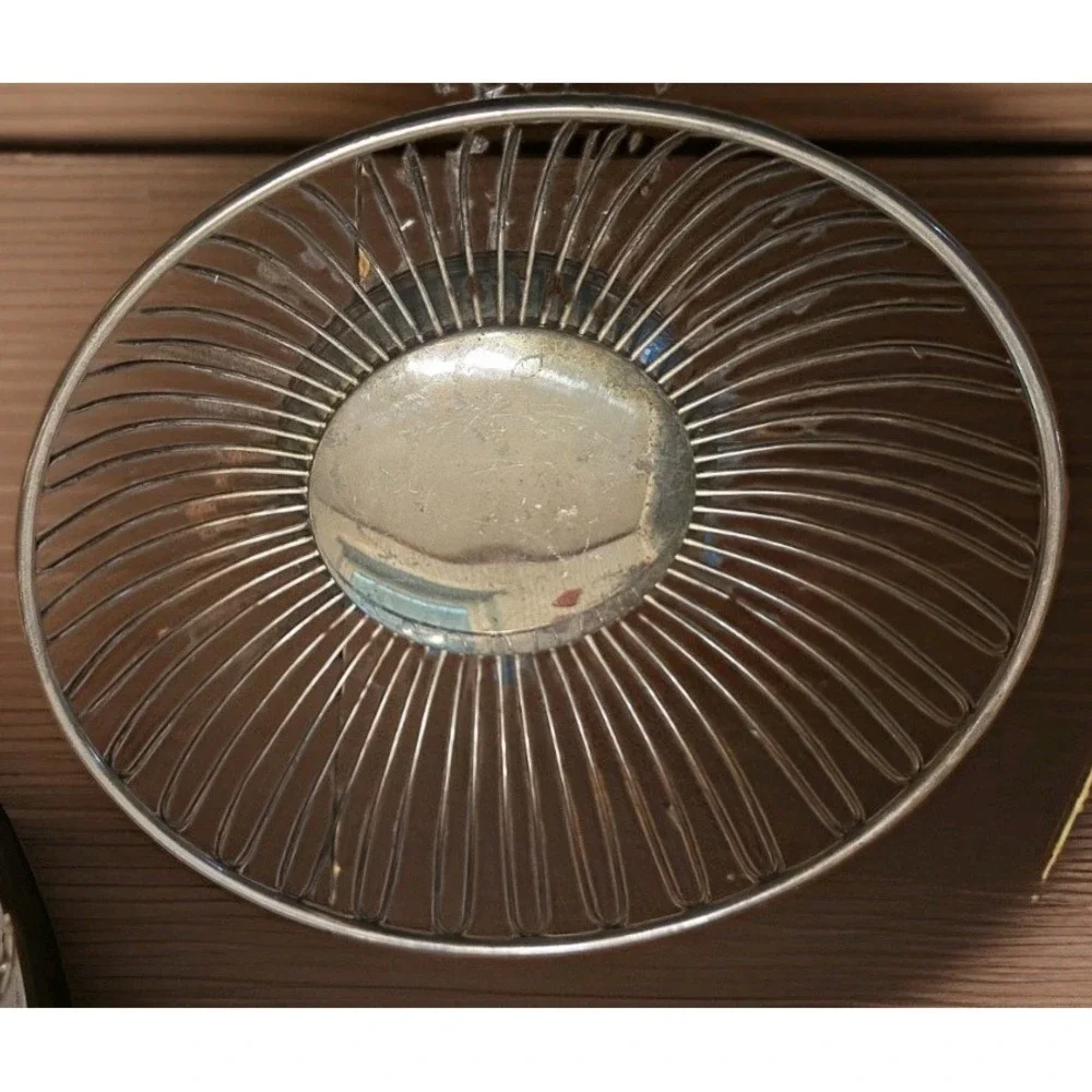 Pair of Silverplate Wire Bowl Basket Pedestal Footed Base Round & Oval 9